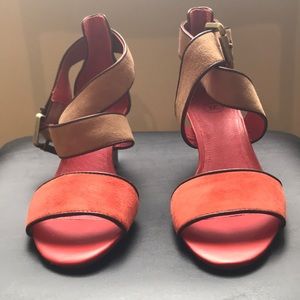 Three Inch (3”) Coral and Brown Strappy Wedges